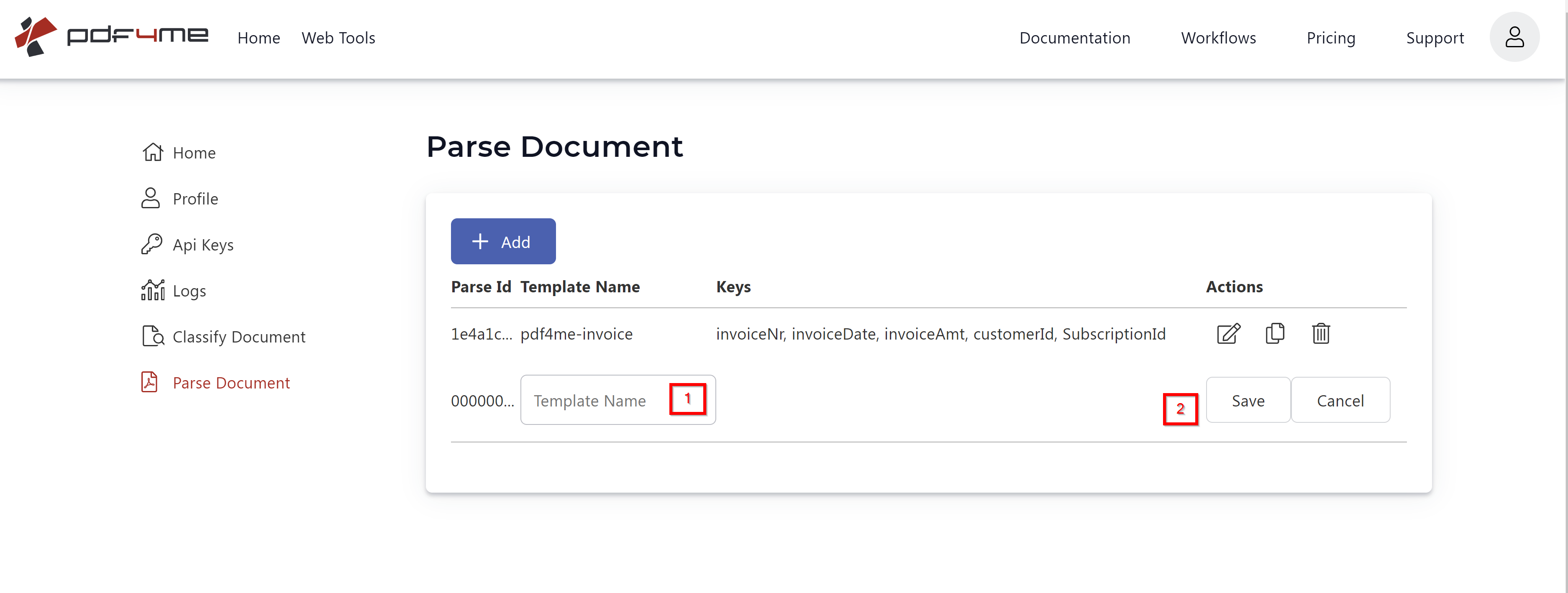 Clique para ampliar A lista de modelos de análise de documentos do PDF4me está disponível no painel do desenvolvedor, com o botão "Adicionar" para criar um novo modelo de análise para extração automatizada de dados de PDFs.